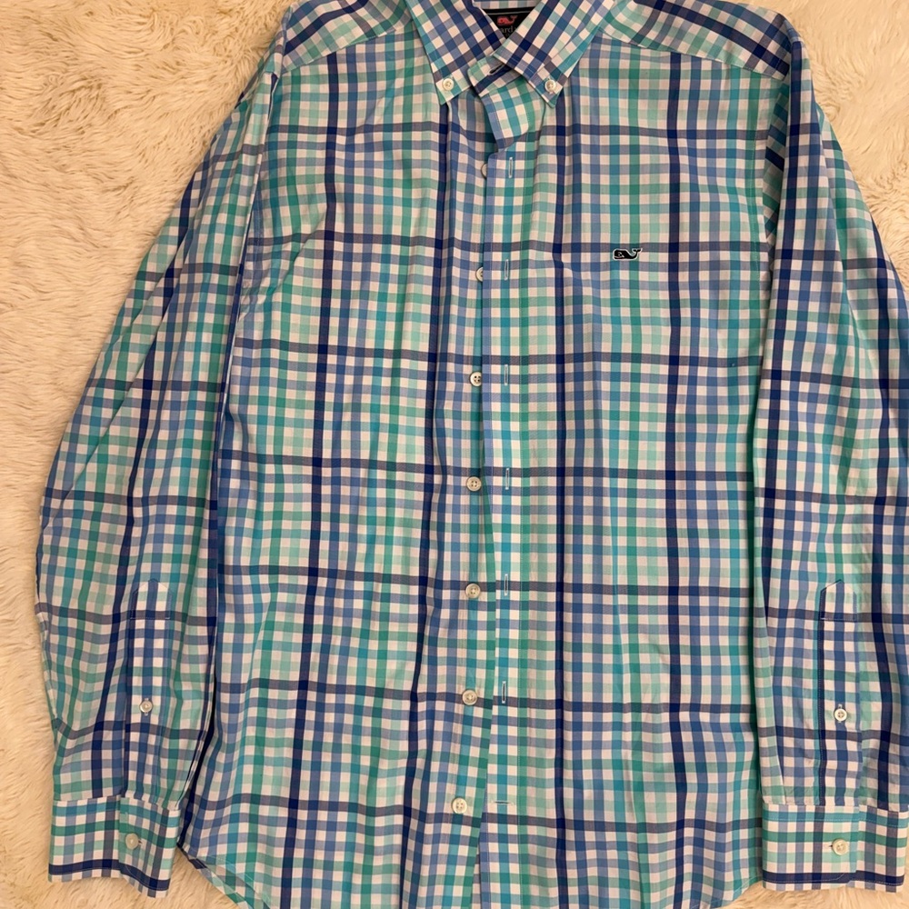 Vineyard Vines Teal and Navy Plaid Shirt